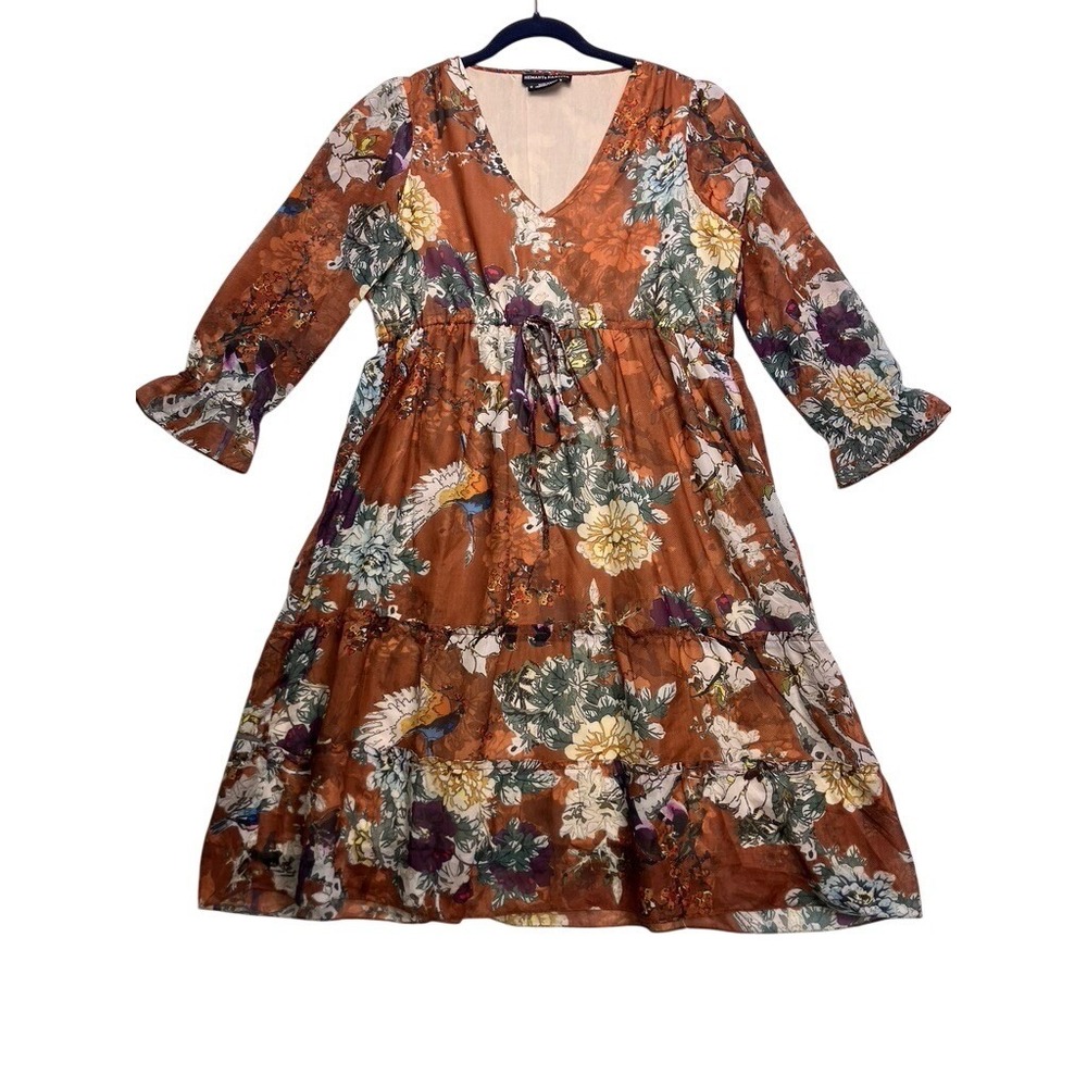 Hemant & Nandita Floral Tiered Dress Women 6 Rust Orange V-Neck Long Sleeve